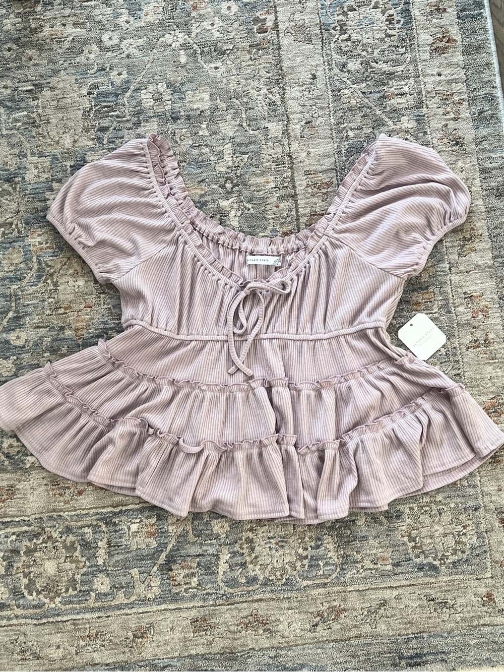 NWT Altar'd State Dusty Lavender Ruffle Peplum Tie-Neck Top Size XL